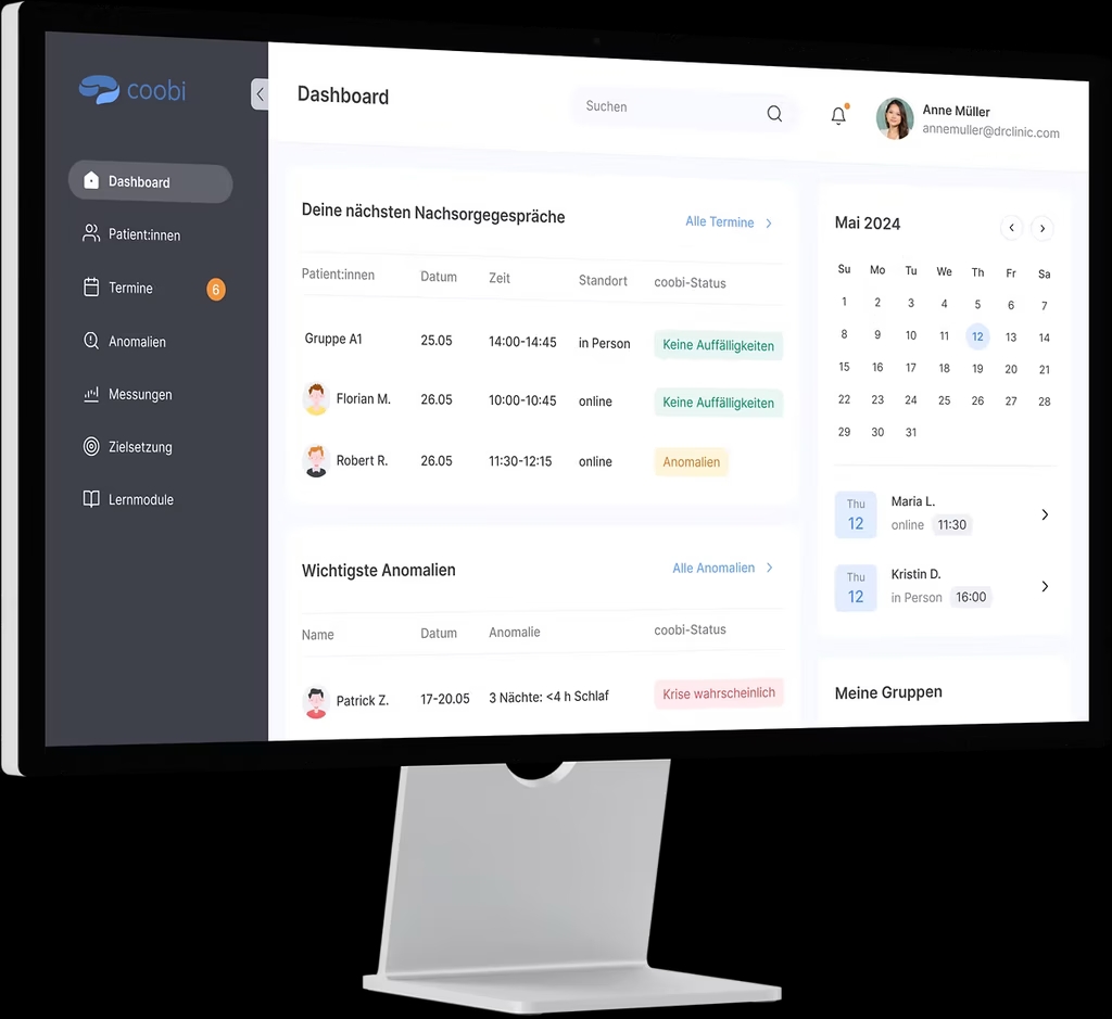 Dashbord-Ansicht der App coobi
