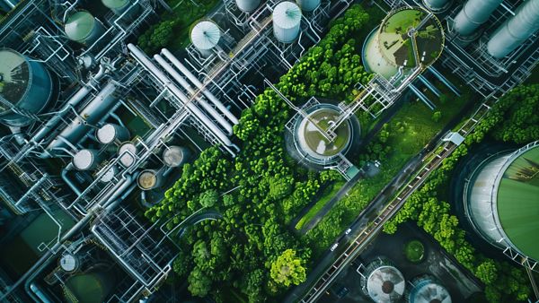 KI-generiertes Bild von begrünten Industrieanlagen