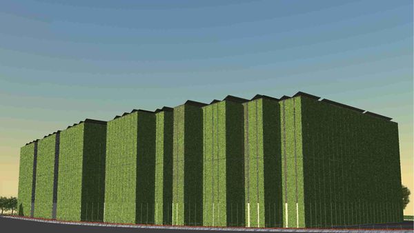 Bis zu 40 Meter hoch mit begrünter Fassade: Visualisierung des Lagersystems für Leercontainer von BSPartner
